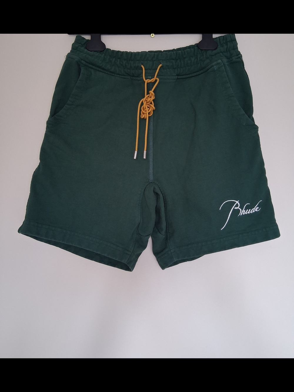Rhude Dark Green Athletic Shorts with Mustard Drawcord